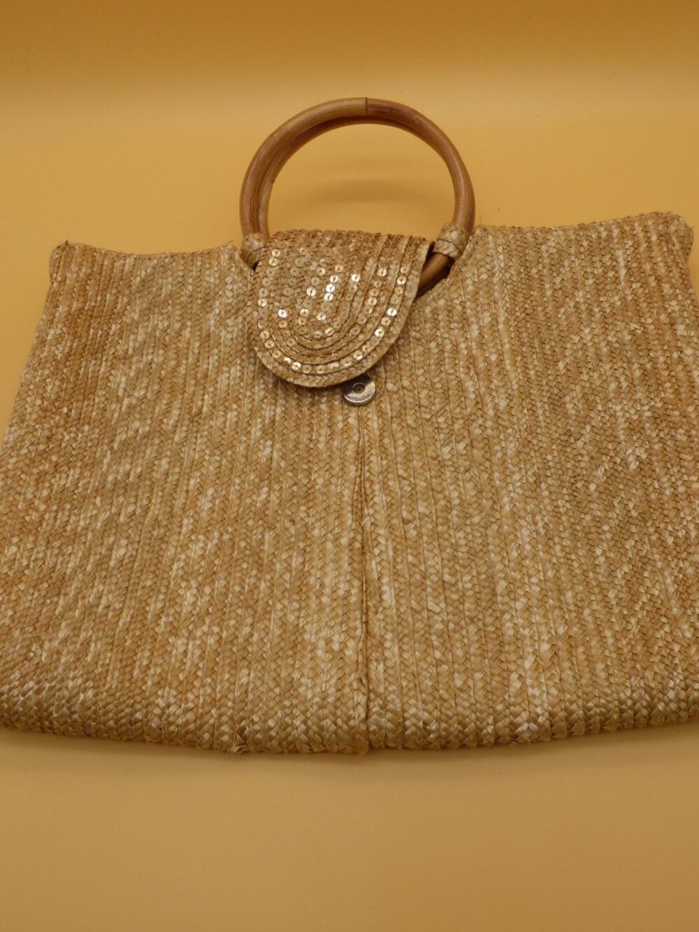 Vintage Y2K Old Navy Straw Tote Bag Bamboo Handles Sequin Accent Striped Lining